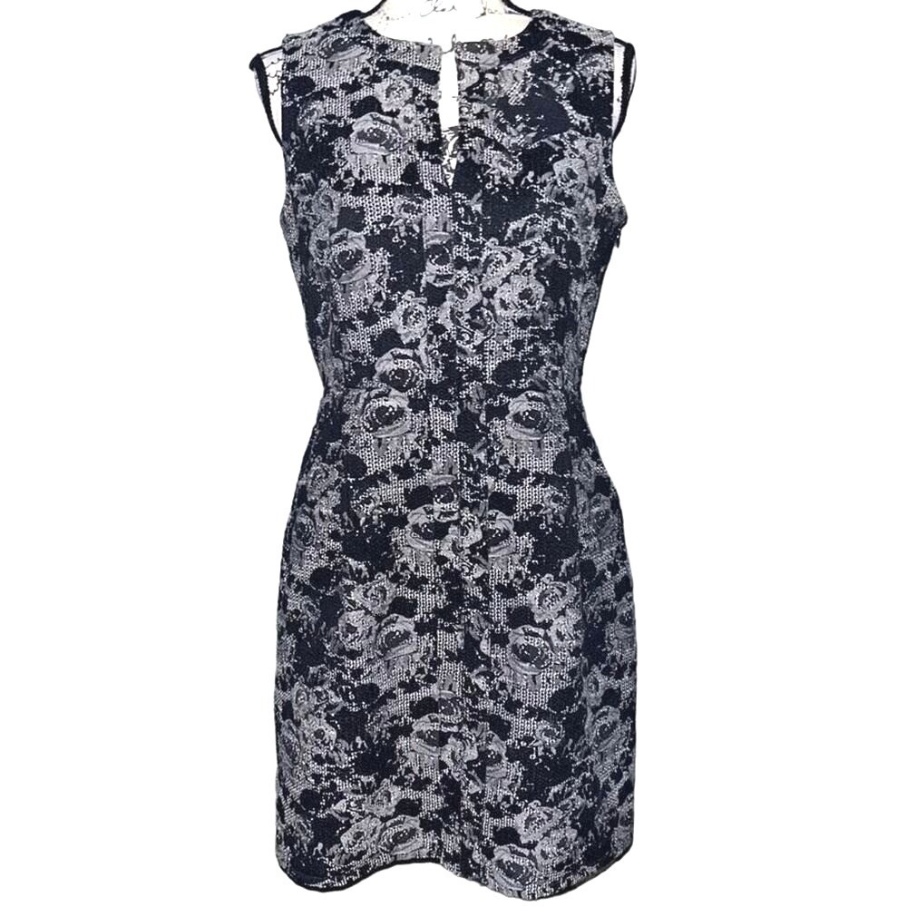 Nine West Floral Jacquard Sheath Dress Black White Sleeveless Keyhole 10P